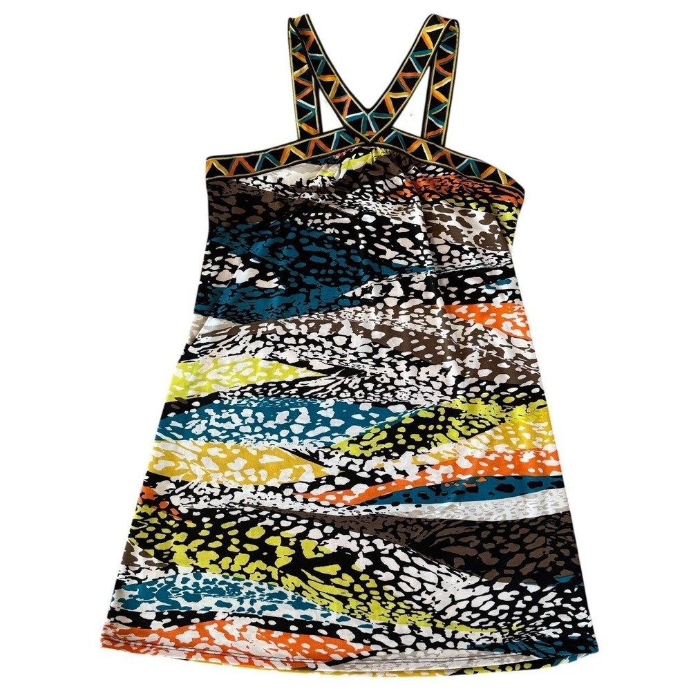 BCBGMAXAZRIA‎ Women's Black Multi Color Geometric Print Halter Mini Dress Size S - Picture 2 of 10